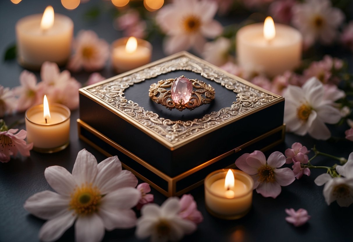 A delicate jewelry box opens to reveal an ornate wedding invitation nestled inside, surrounded by soft petals and twinkling candles