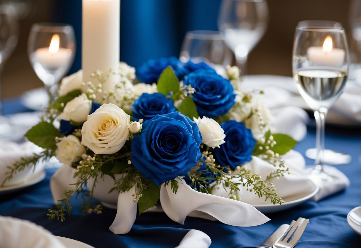 A blue and white wedding scene with floral centerpieces, elegant table settings, and a flowing fabric backdrop