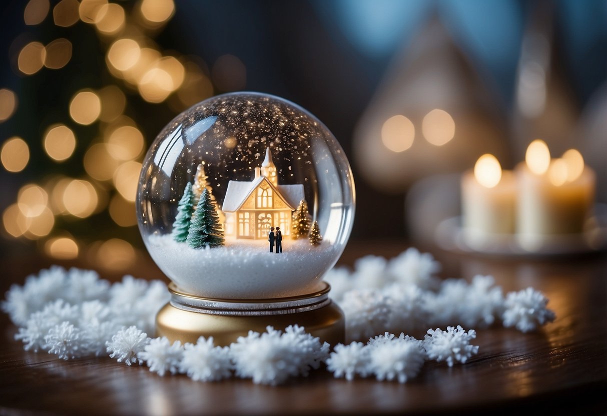 A snow globe with a wedding scene inside, surrounded by delicate snowflakes and glitter, with the words "Invitation Keepsake" written in elegant script