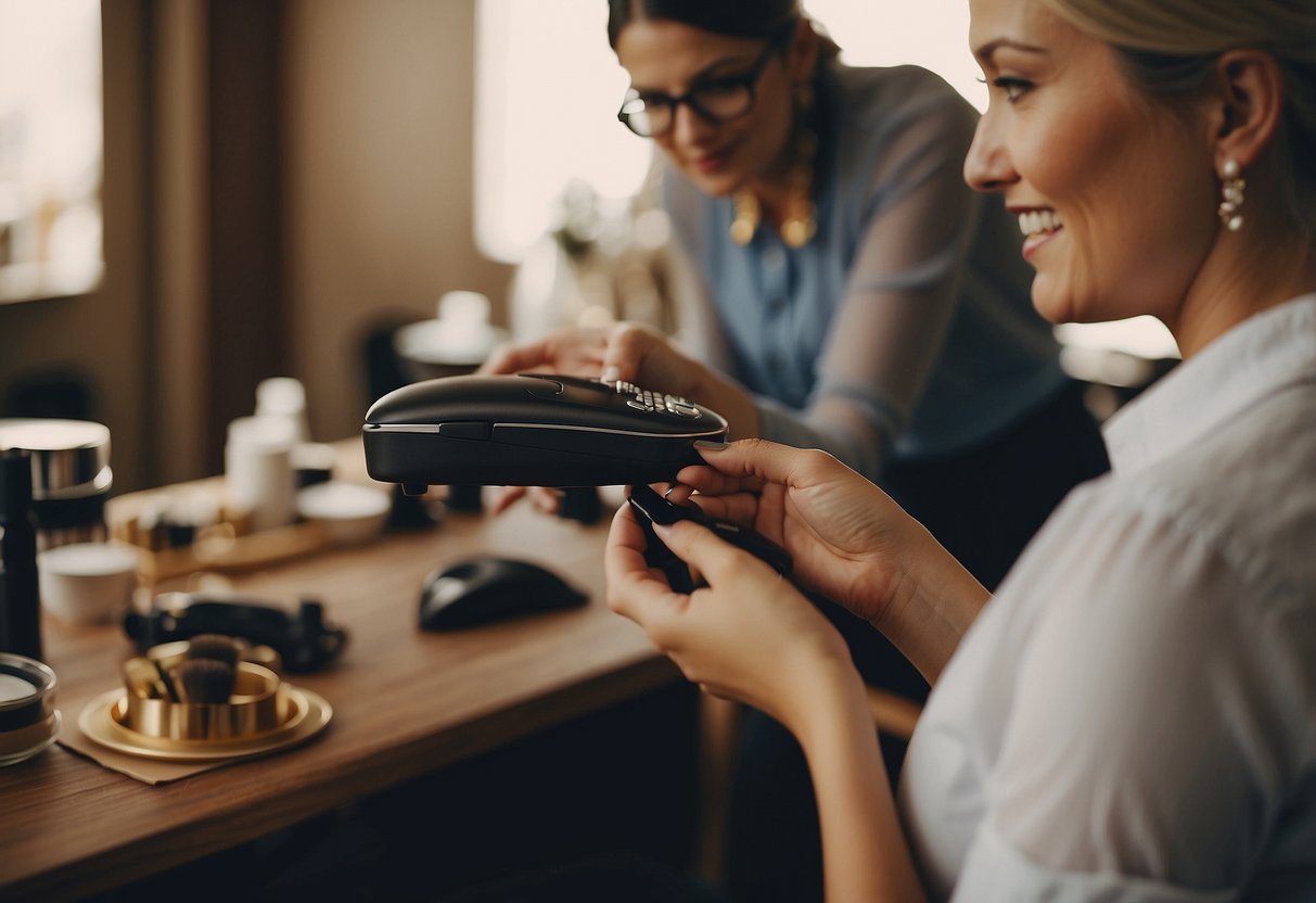 A woman's hand holding a credit card while a hairstylist and makeup artist work on a mother of the groom