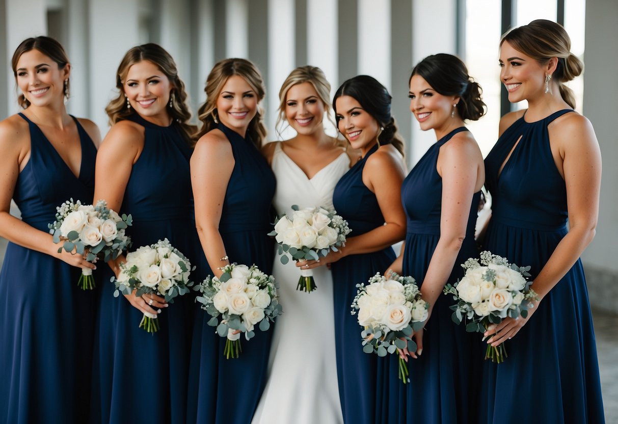 Navy blue bridesmaid dresses in a white and blue wedding setting