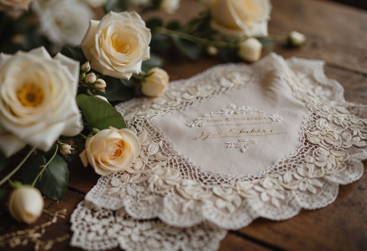 An intricately embroidered handkerchief with wedding invitation details displayed on a vintage table, surrounded by delicate lace and floral accents