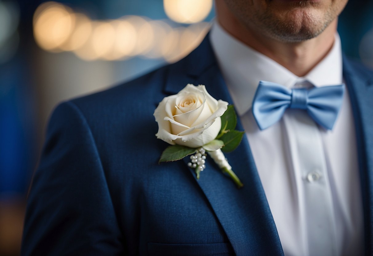 A groom's lapel adorned with a white rose boutonnière, against a backdrop of blue and white wedding decor