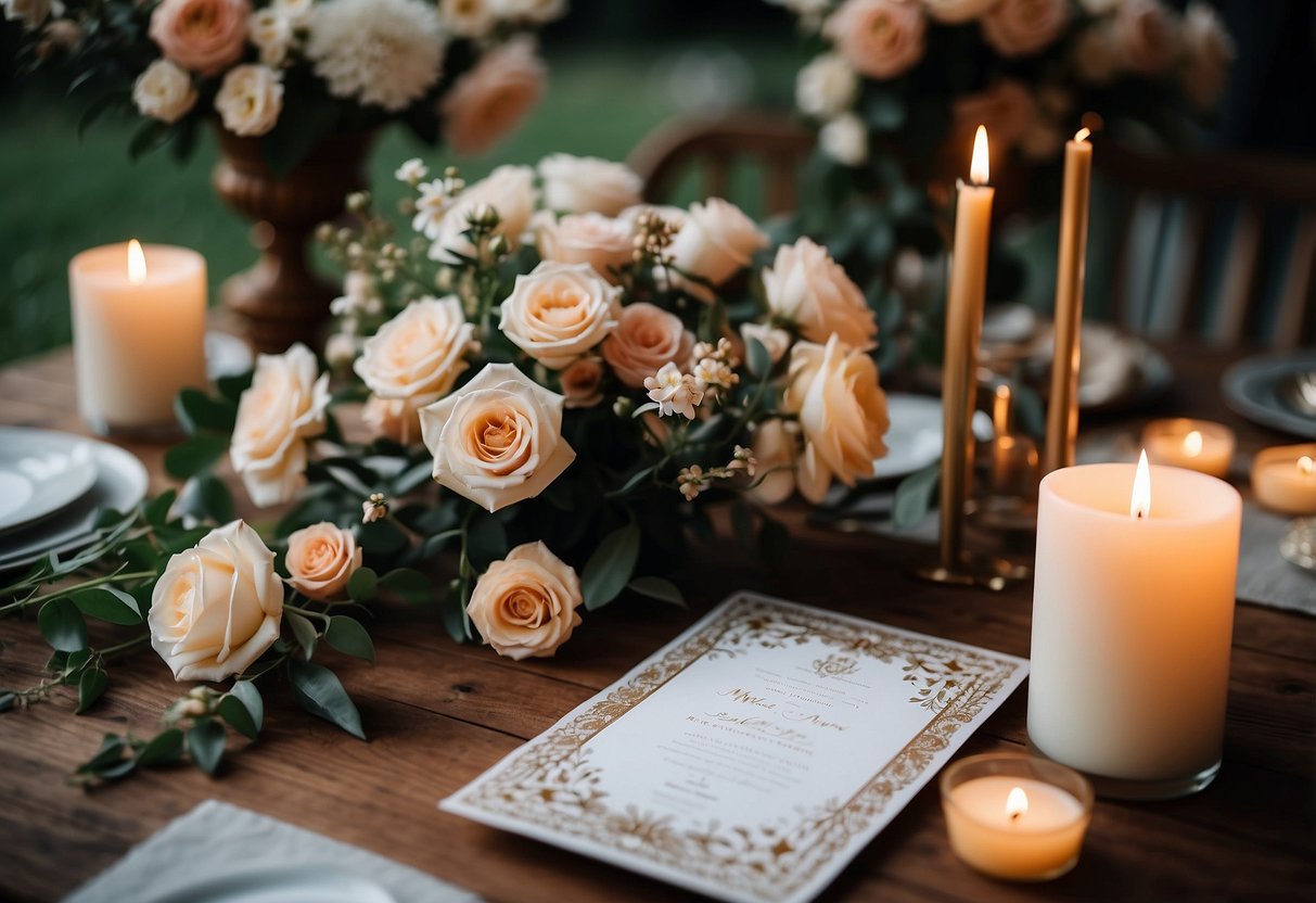 A table adorned with framed wedding invitations, surrounded by delicate flowers and candles