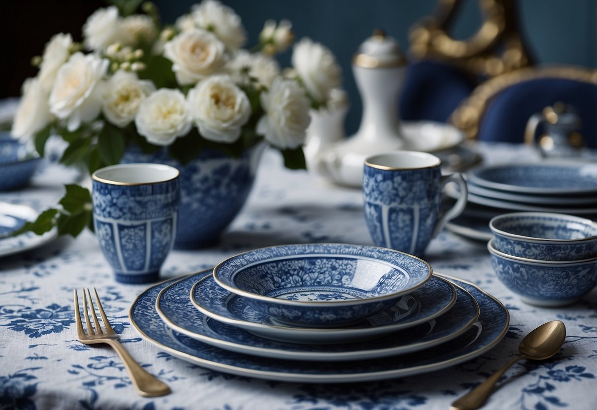 A vintage blue tableware set arranged on a white tablecloth, with delicate blue and white floral patterns