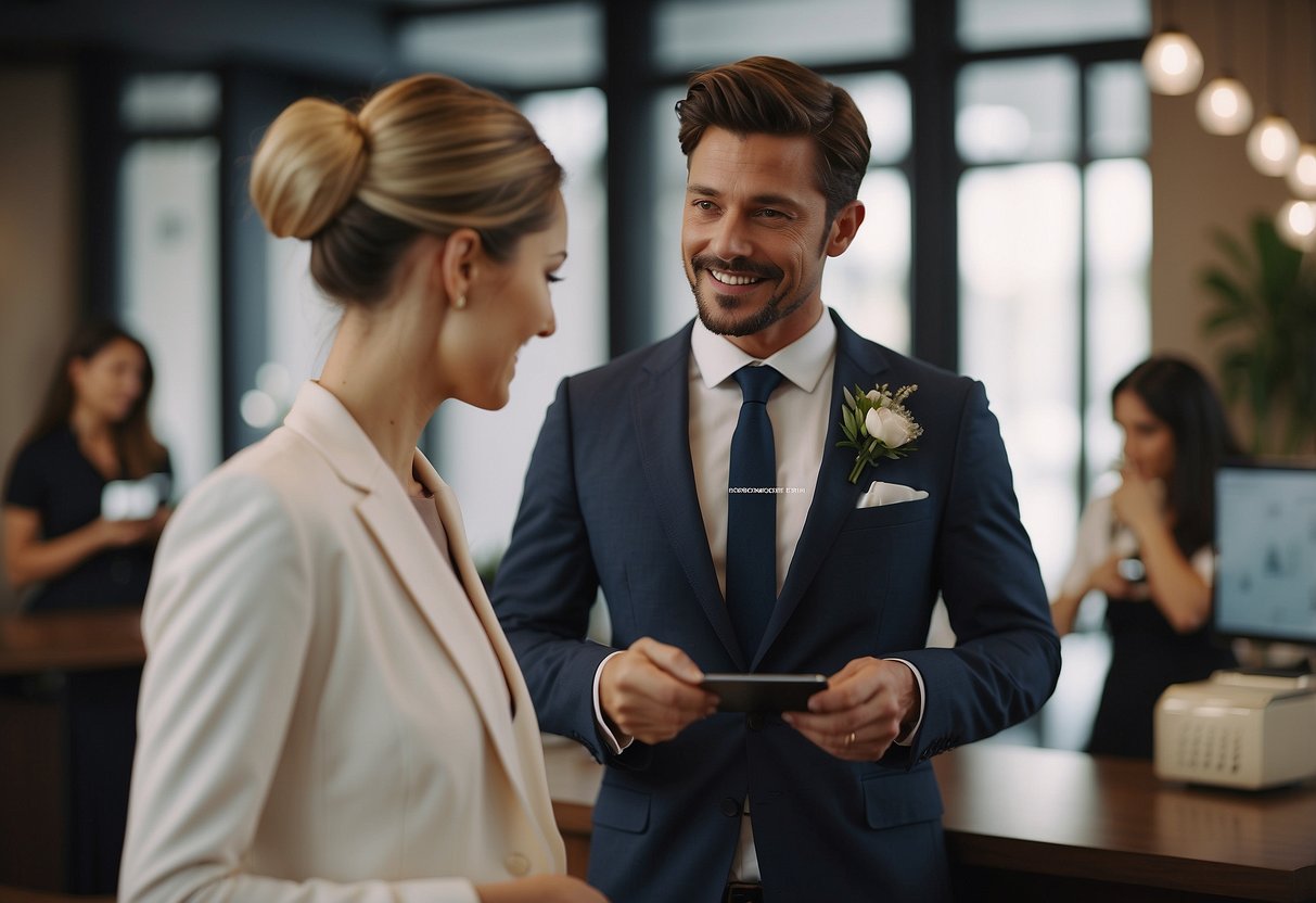 A well-dressed couple discussing payment for the mother of the groom's hair and makeup services with a salon receptionist