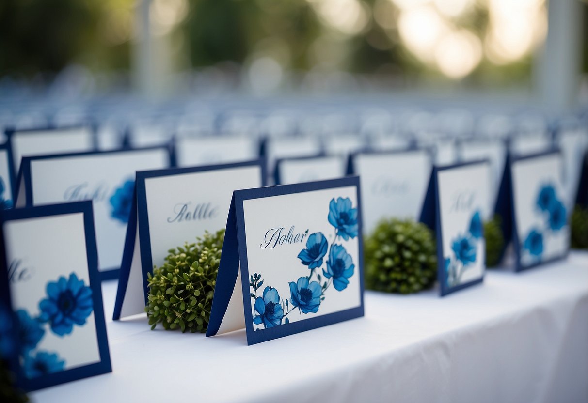 Hand-painted blue escort cards arranged on a white table with delicate blue and white wedding decor