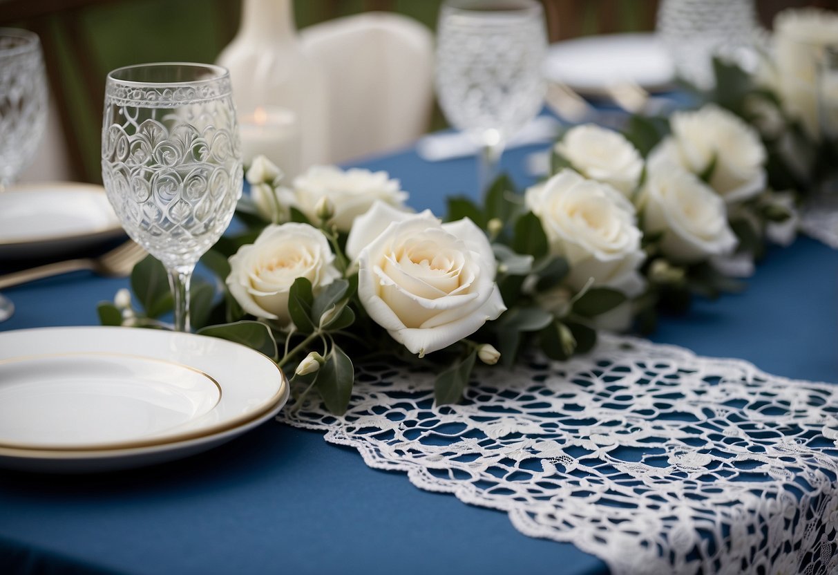 A white lace table runner lays across a blue and white themed wedding table, adding an elegant touch to the decor