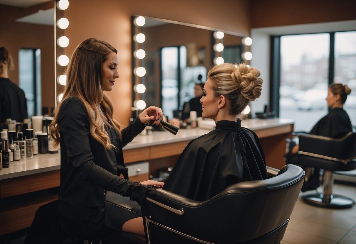 A woman sits in a salon chair, getting her hair and makeup done. Another person stands nearby, paying for the services