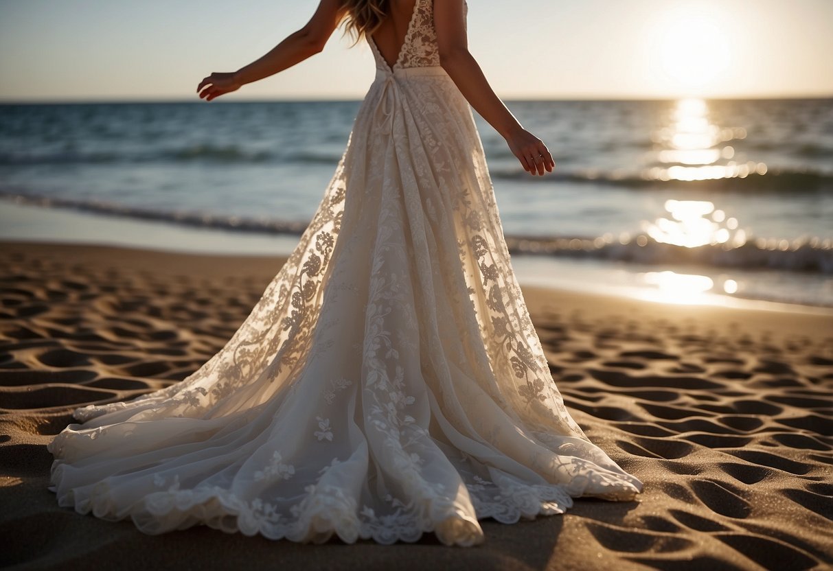 A flowing white wedding dress billows in the sea breeze, adorned with delicate lace and shimmering beadwork, as it stands against the backdrop of the sun-kissed beach