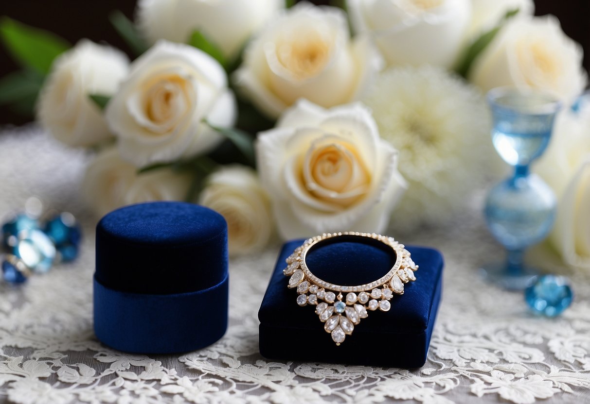 A blue velvet ring box sits atop a white lace tablecloth, surrounded by delicate blue and white wedding decor