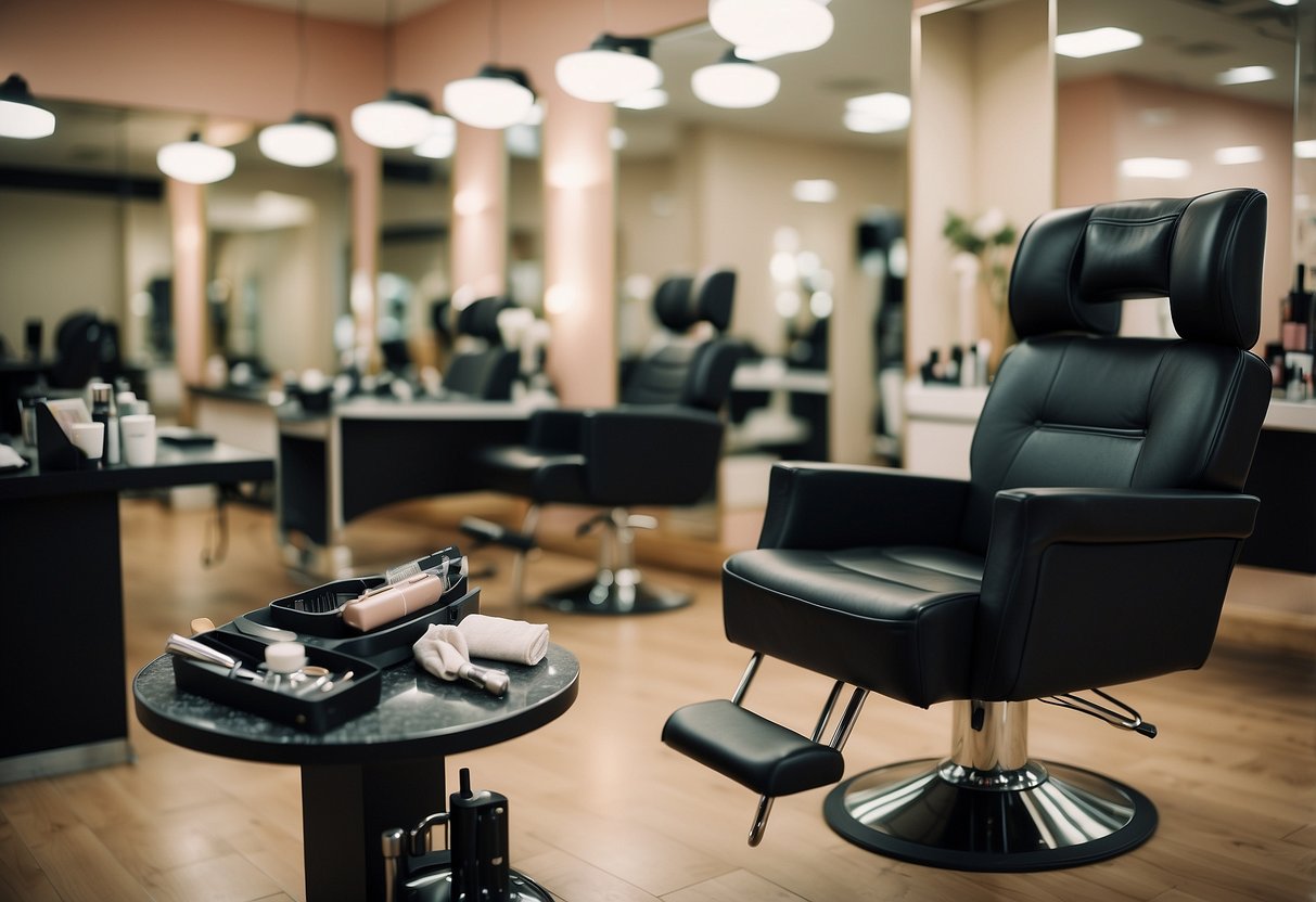 A salon chair with a mirror, makeup and hair products, and a payment card on the counter