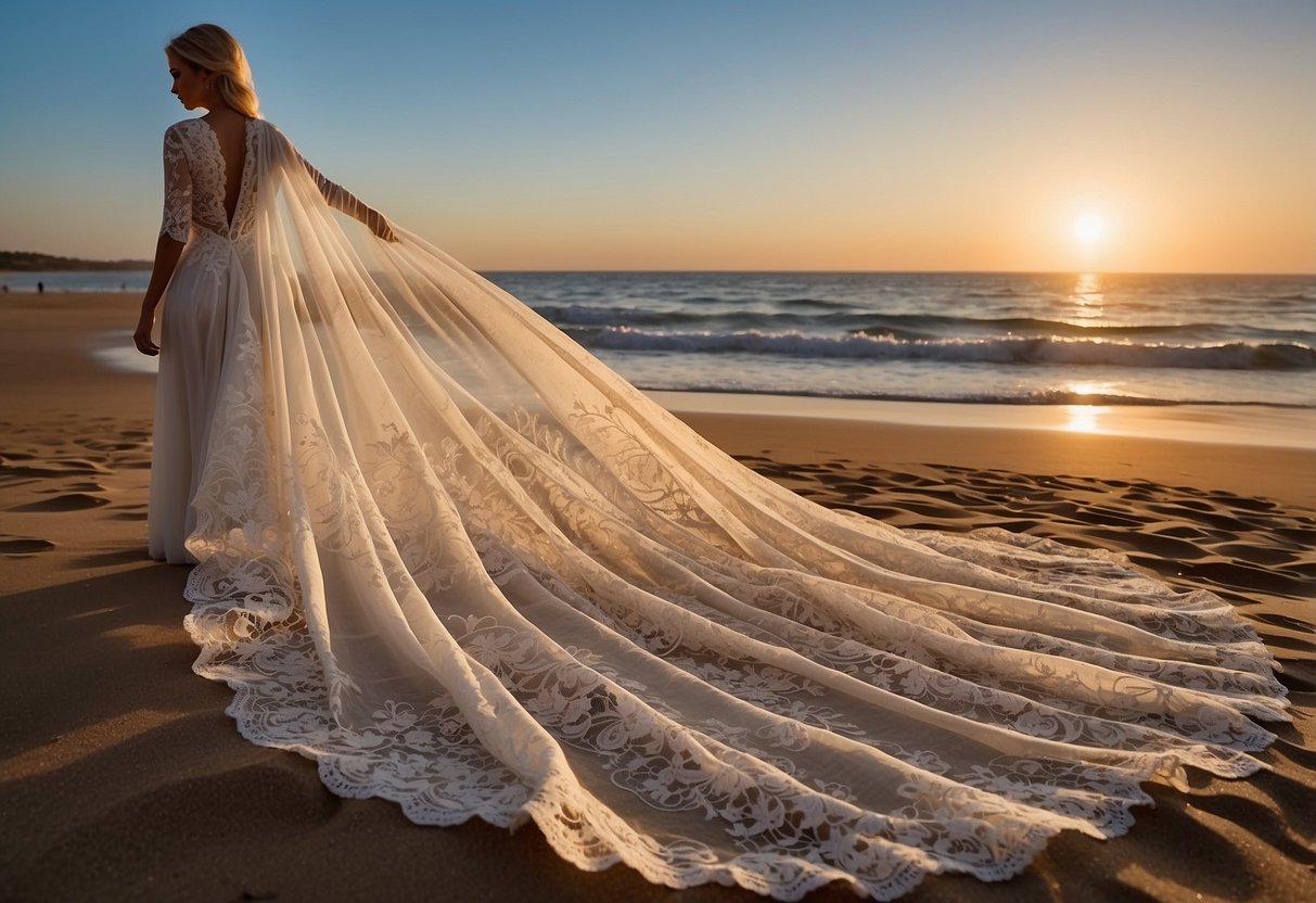 A flowing lace gown drapes over a sandy beach, with gentle waves and a sunset in the background