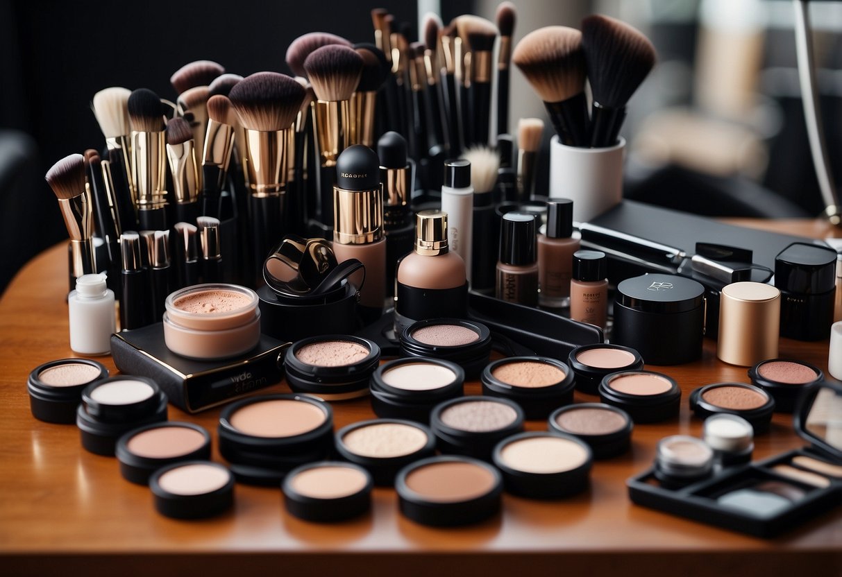 A makeup artist's tools and products laid out neatly on a clean, organized workspace, ready to transform a client's look for a special occasion