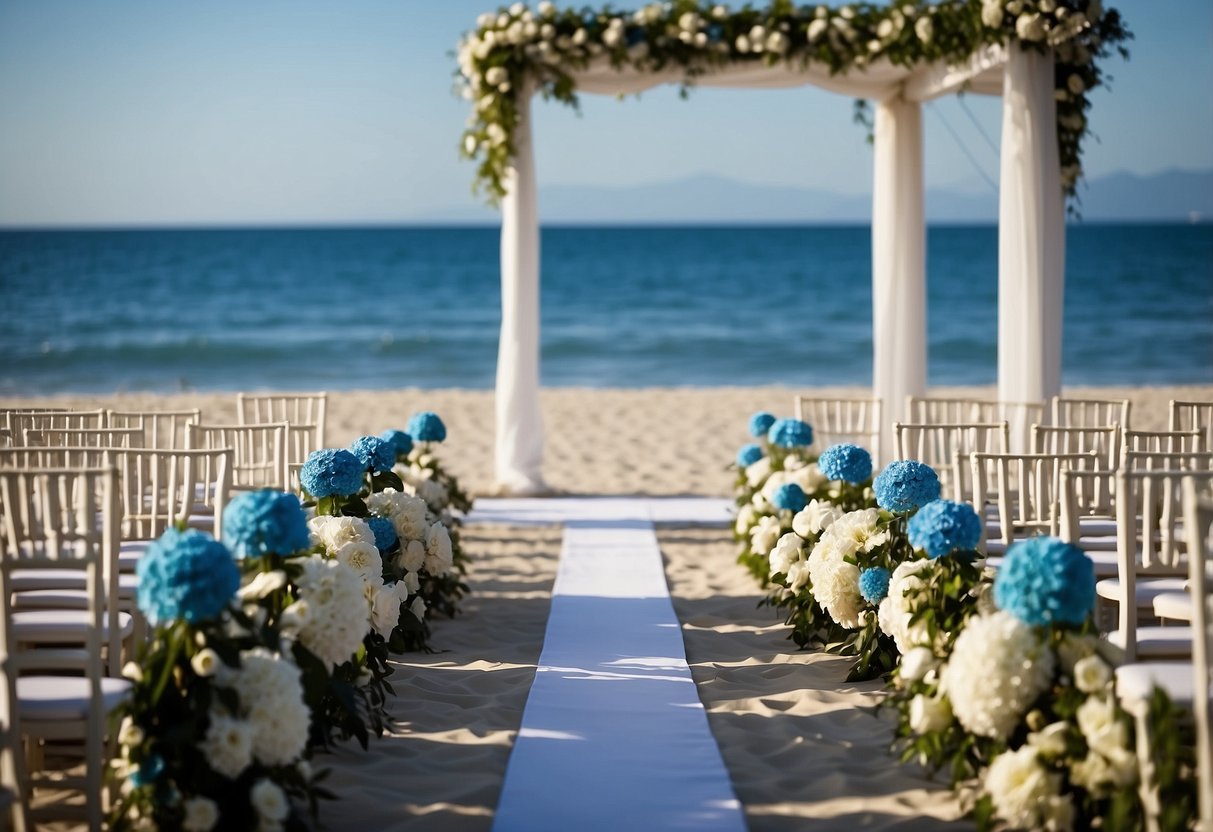 A serene beach wedding with blue and white decor, featuring a canopy, chairs, and flowers in the same color palette