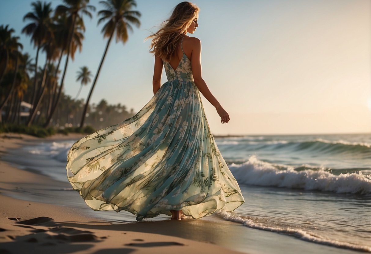 A flowy chiffon dress billows in the ocean breeze, surrounded by gently swaying palm trees and the sound of crashing waves