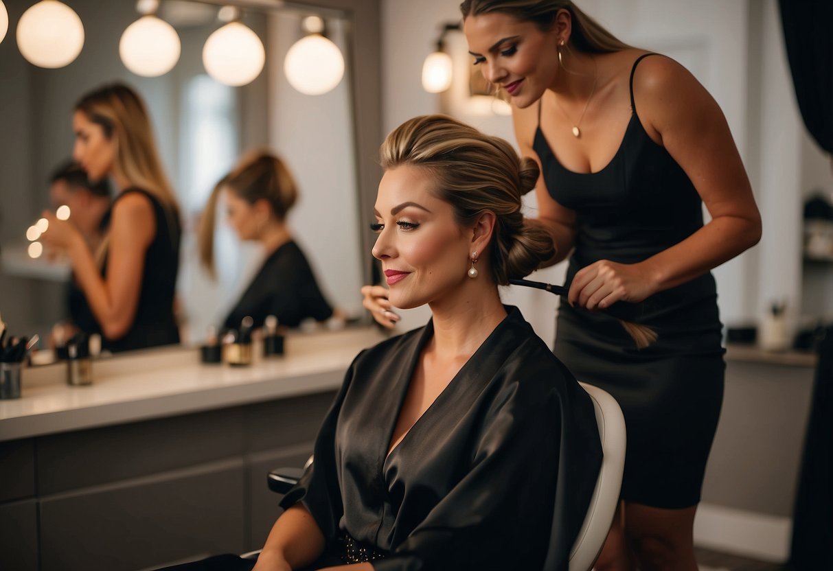 A woman sits in a chair as a stylist applies makeup and arranges her hair for a special occasion