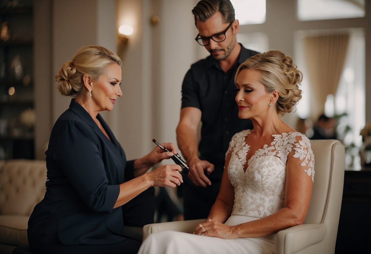 The mother of the groom sits in a luxurious chair as a professional makeup artist and hairstylist work on her, creating an elegant and sophisticated look for the wedding