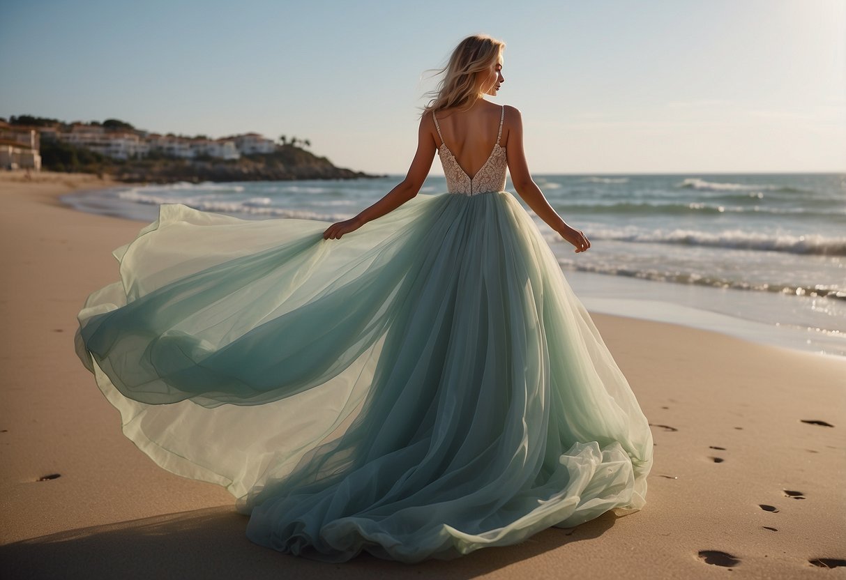 A flowing tulle gown drapes gracefully on a sandy beach, with the ocean waves in the background and a gentle sea breeze blowing through the fabric