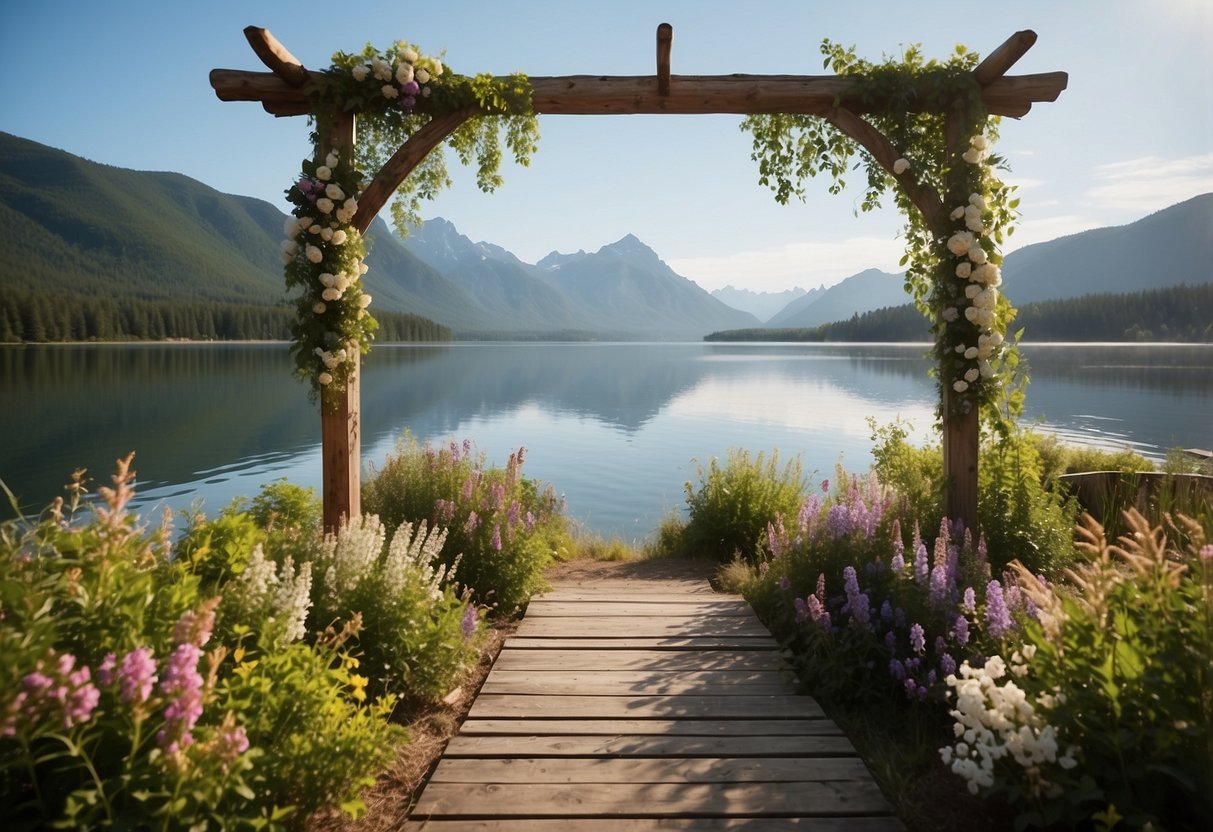 A serene mountain backdrop with a rustic wooden arch adorned with flowers and greenery, overlooking a tranquil lake or valley