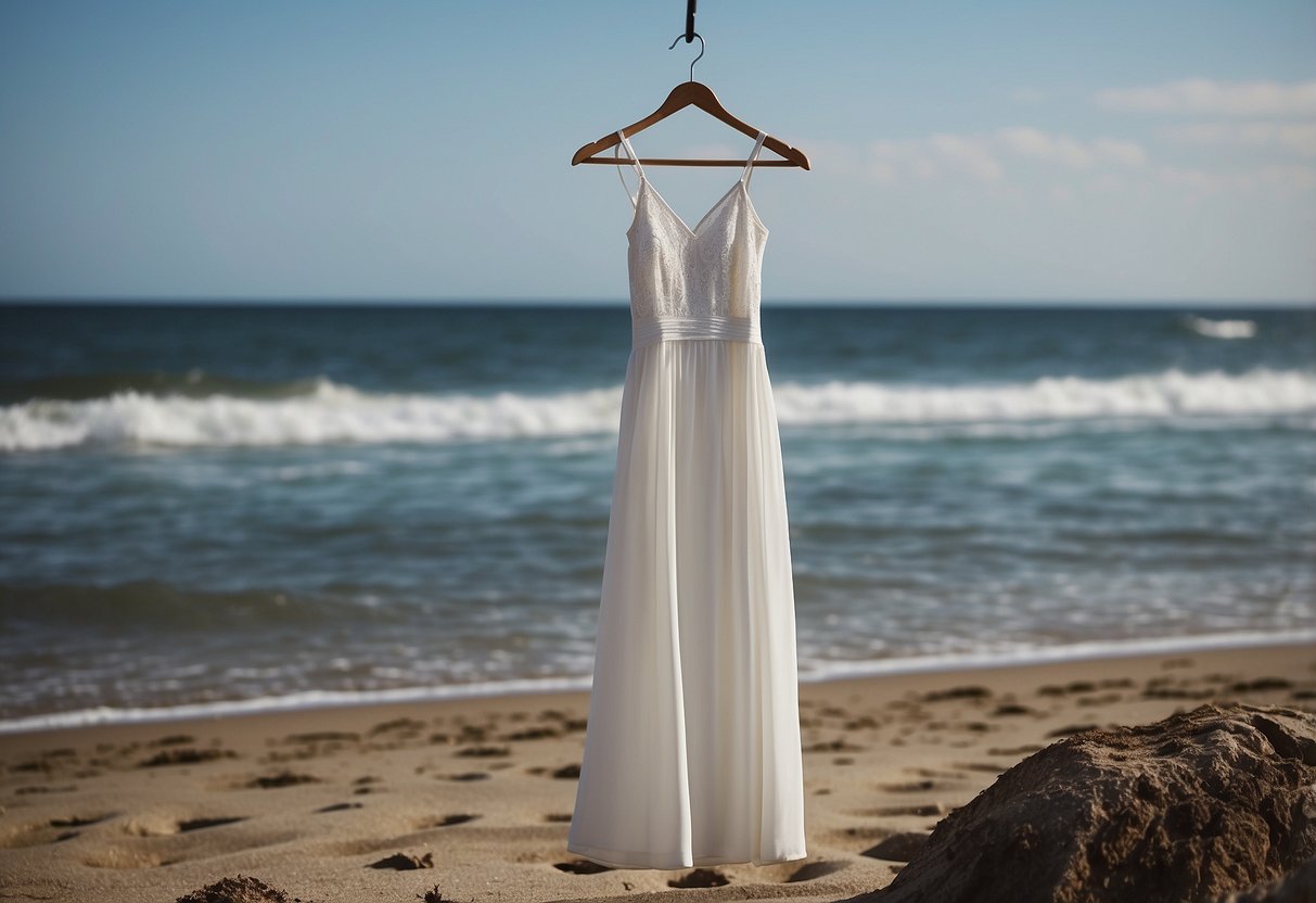 A white slip dress hangs on a wooden hanger, swaying gently in the beach breeze, with the ocean in the background