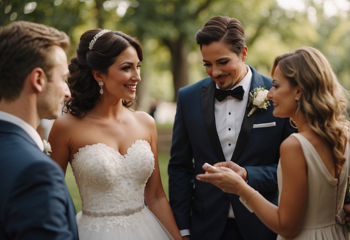 A bride and groom's families discussing payment for the mother of the groom's hair and makeup for the wedding