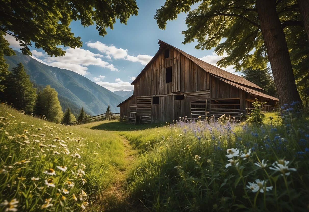 A picturesque barn nestled in the mountains, surrounded by lush greenery and wildflowers, with a clear blue sky overhead