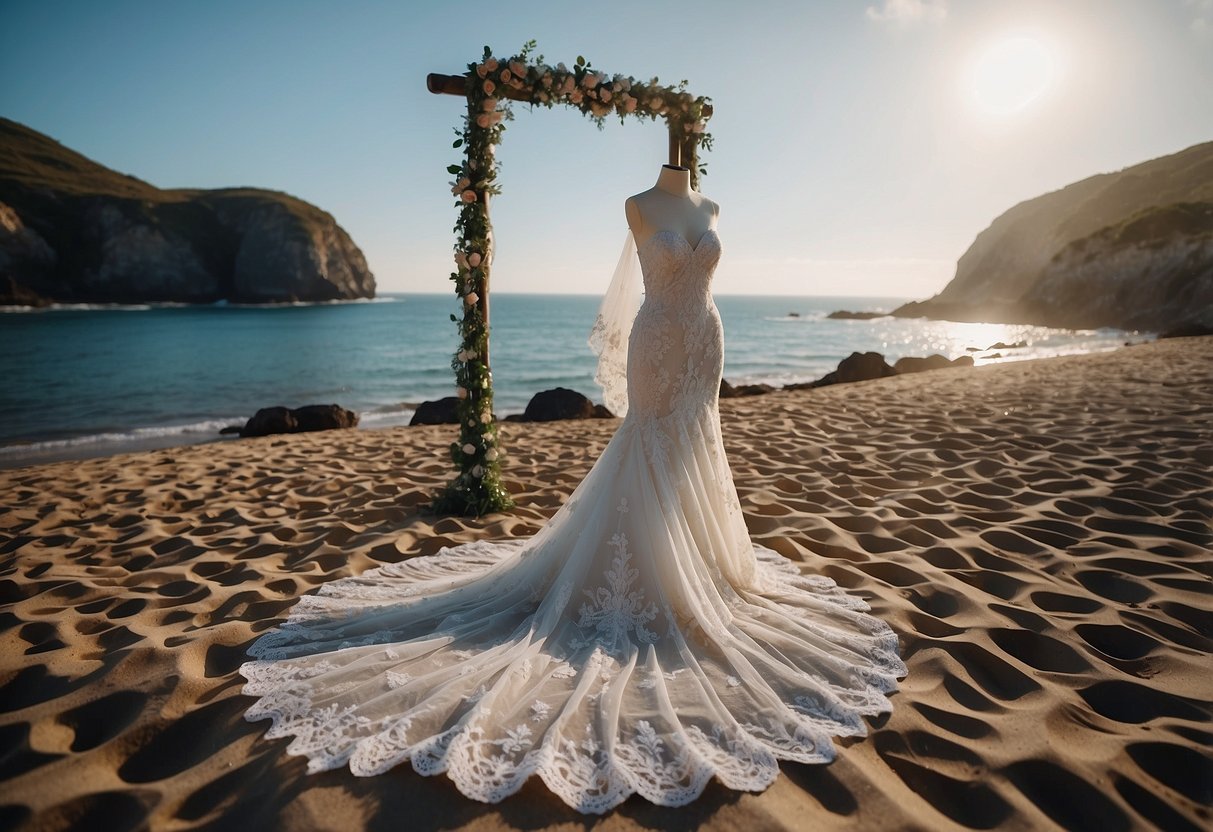 A mermaid dress with lace detail hangs on a beachside wedding arch, with the ocean in the background