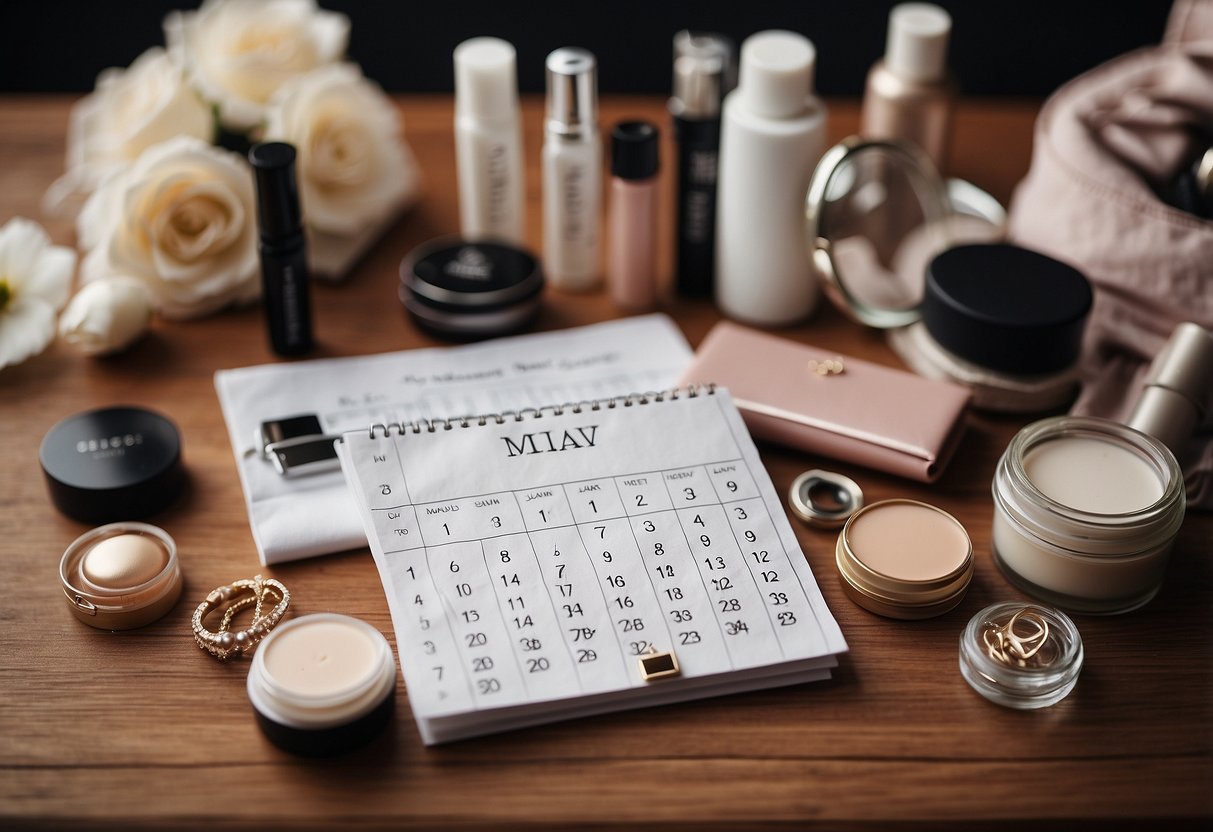 A calendar with "Wedding Day" written on it, surrounded by images of hair and makeup products, a purse, and a wallet