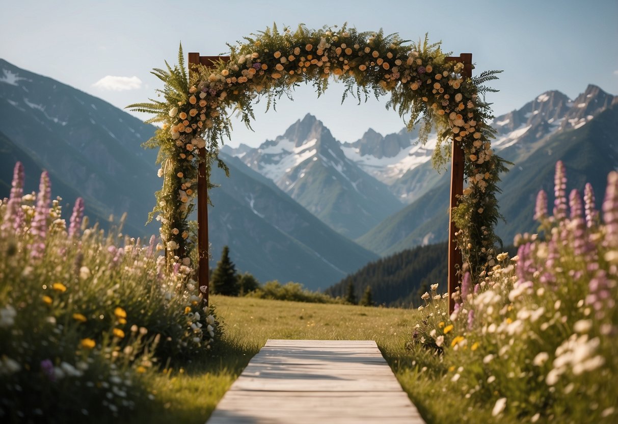 A wooden arch adorned with wildflowers stands against a backdrop of majestic mountains, creating a picturesque setting for a wedding