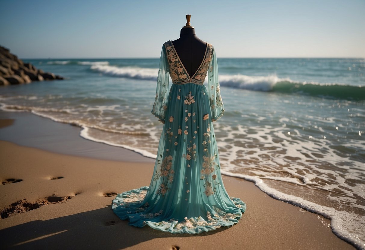 A flowing, embroidered maxi dress hangs on a beachside clothesline, gently swaying in the ocean breeze