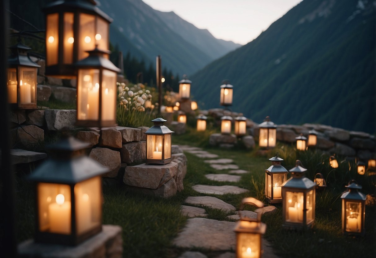 A mountain wedding aisle illuminated by lanterns