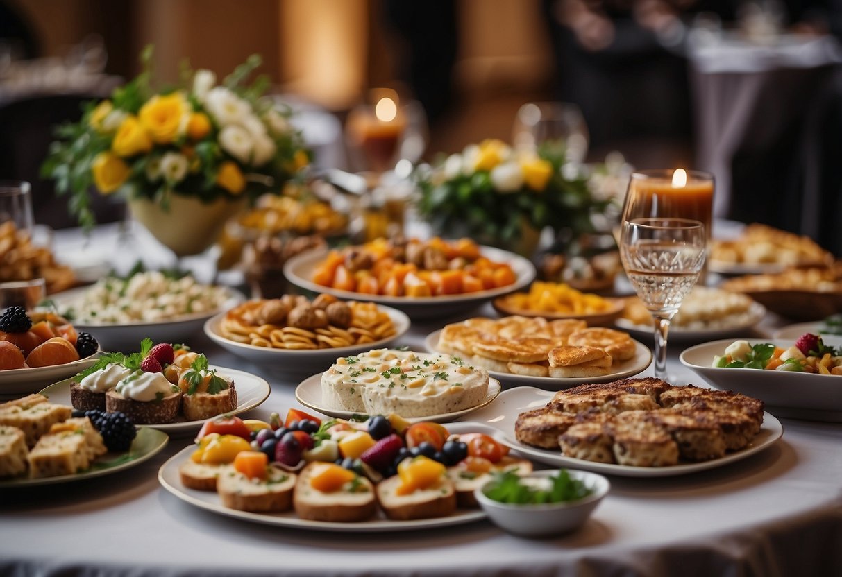 A table adorned with a variety of elegant and colorful dishes, including appetizers, main courses, and desserts, all beautifully presented for a wedding feast