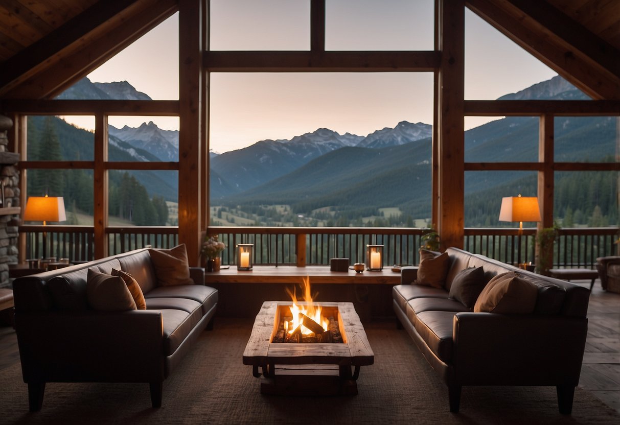 A warm, rustic lodge reception with a crackling fireplace, wooden beams, and cozy seating. Mountain views peek through large windows, and soft candlelight adds a romantic ambiance