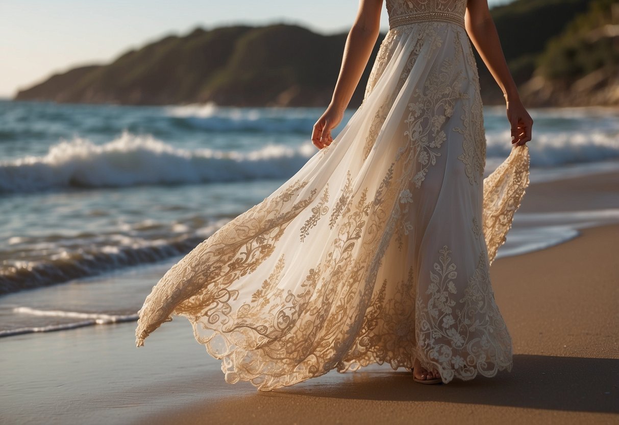 A flowing, high-low hemline dress billows in the ocean breeze, adorned with delicate lace and intricate beading, perfect for a beach wedding