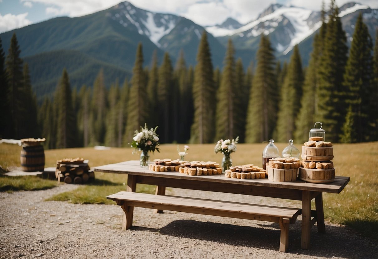 A rustic mountain wedding setting with a cozy S'mores Bar, surrounded by pine trees and a backdrop of snow-capped peaks