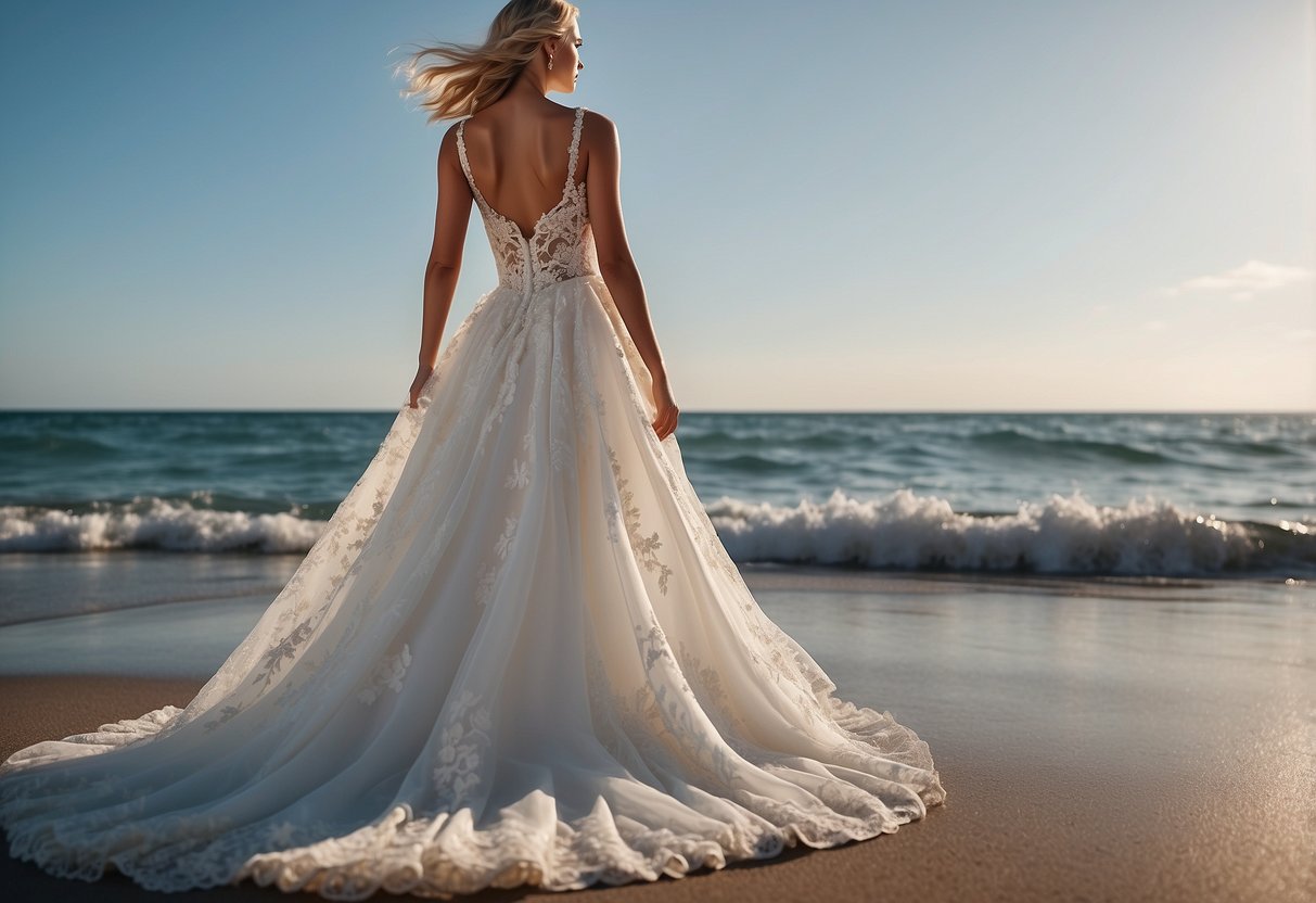 A flowing white beach wedding dress with a two-piece bridal set, adorned with delicate lace and beading, blowing in the ocean breeze