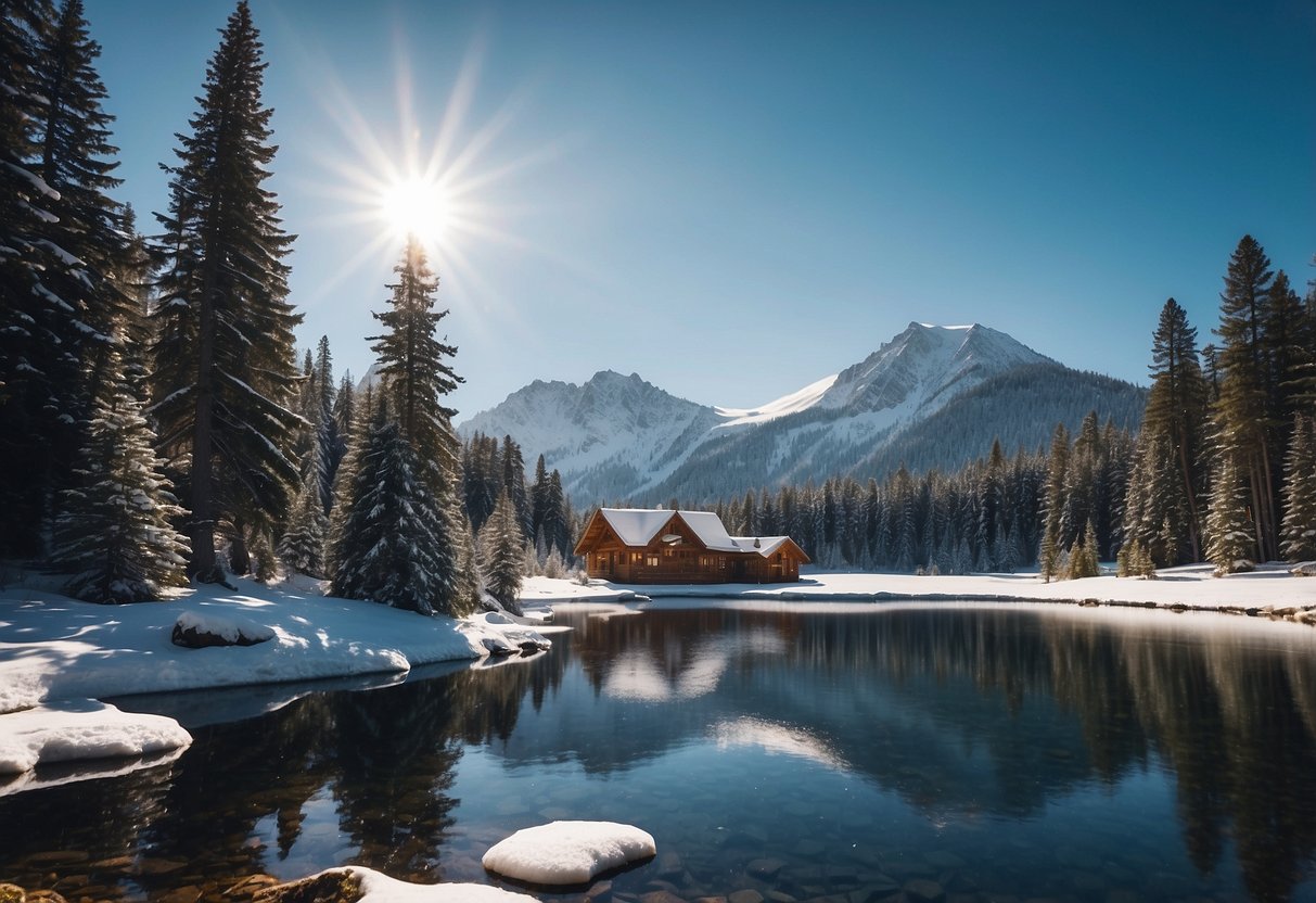 A snow-covered mountain peak with pine trees, a cozy cabin, and a frozen lake, all under a clear blue sky