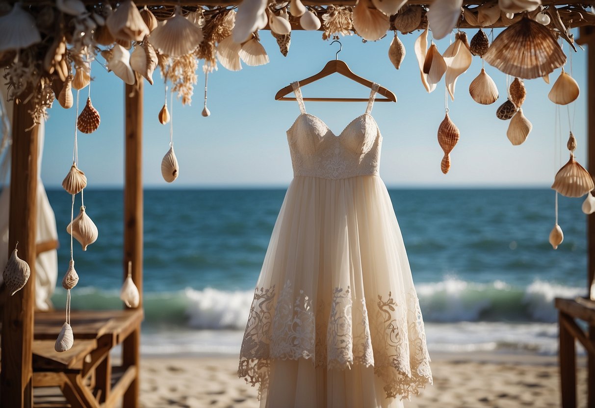 A flowing white beach wedding dress hangs on a wooden hanger, surrounded by seashells and starfish, with the ocean in the background