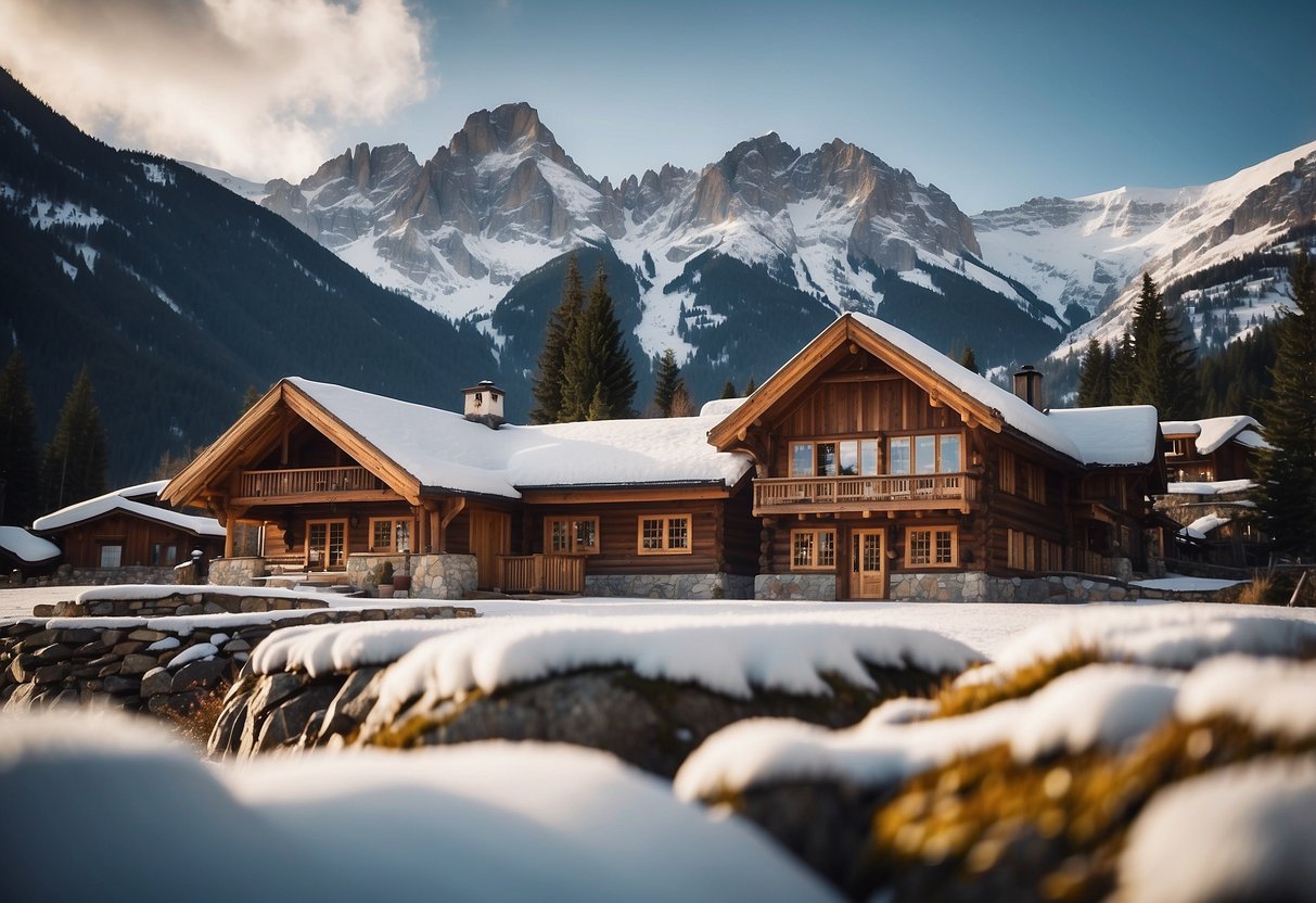 A cozy alpine lodge nestled among snow-capped mountains, with a rustic wooden exterior and a warm glow emanating from the windows