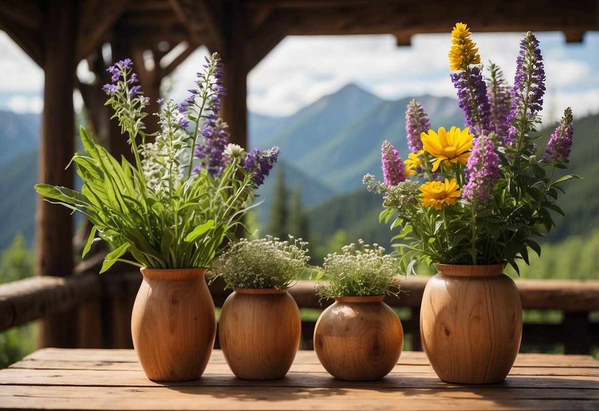 Lush greenery and wildflowers arranged in wooden vases atop rustic tables with mountain views