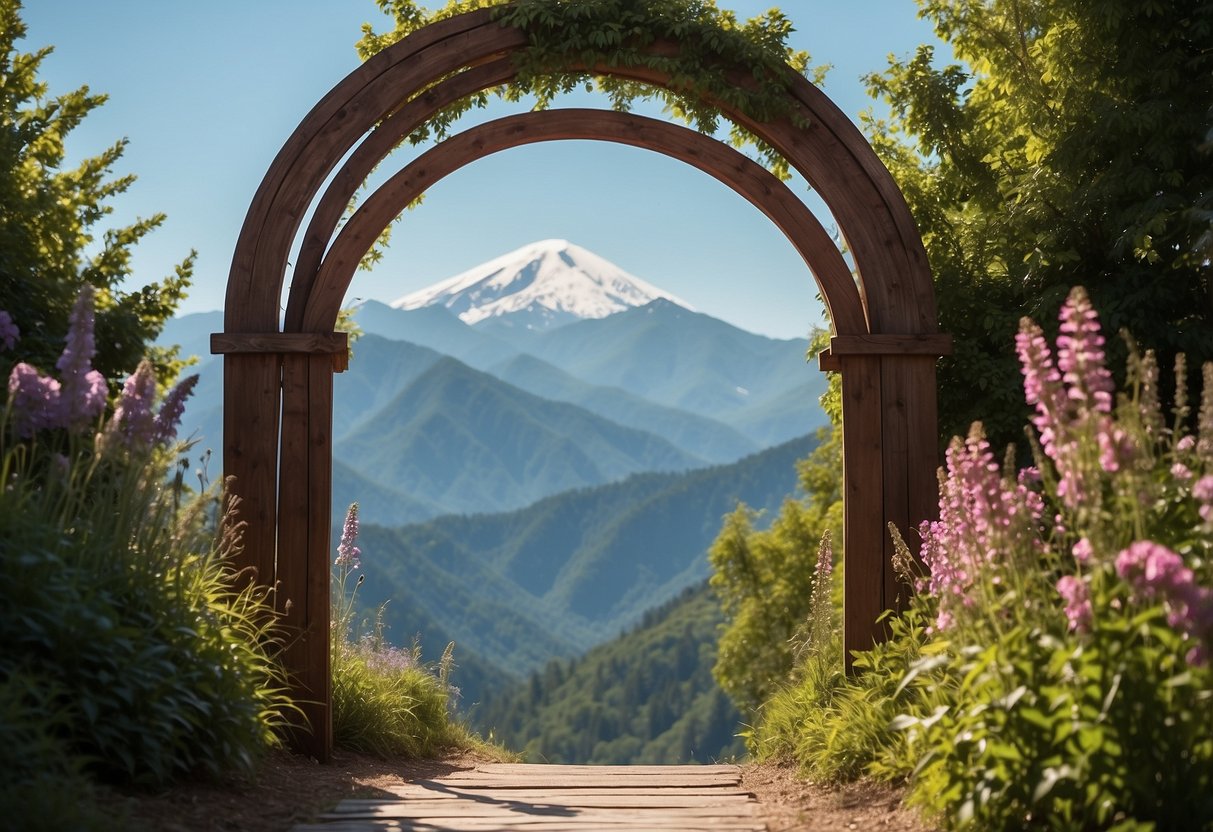 A stunning mountain backdrop with a rustic wooden arch adorned with flowers, surrounded by lush greenery and a clear blue sky