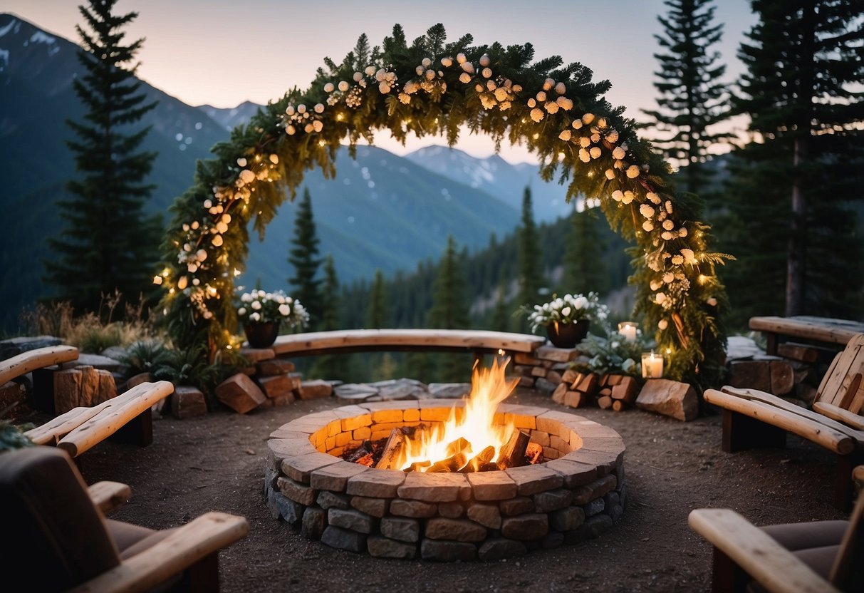 A snowy mountain backdrop with evergreen trees, a rustic wooden arch adorned with seasonal flowers, and a cozy fire pit for guests to gather around