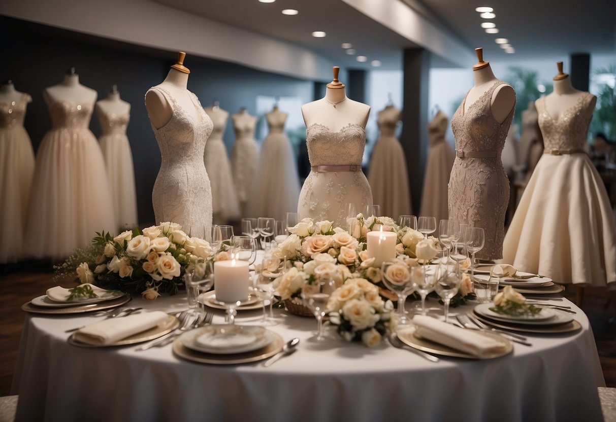 A table with various wedding guest outfit options, including dresses, suits, and accessories, displayed on hangers and mannequins