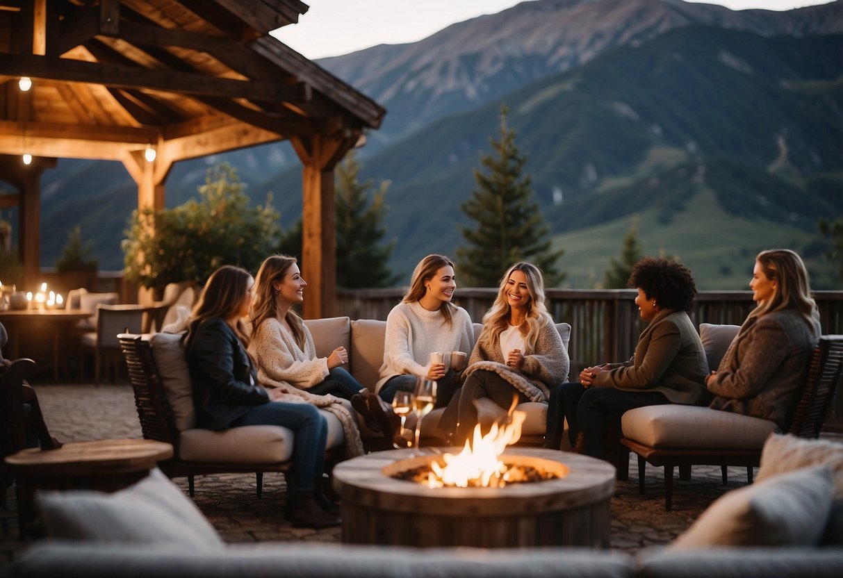 Guests relax in cozy outdoor seating, surrounded by mountain views. Soft blankets, warm fire pits, and ambient lighting create a comfortable and inviting atmosphere for a mountain wedding