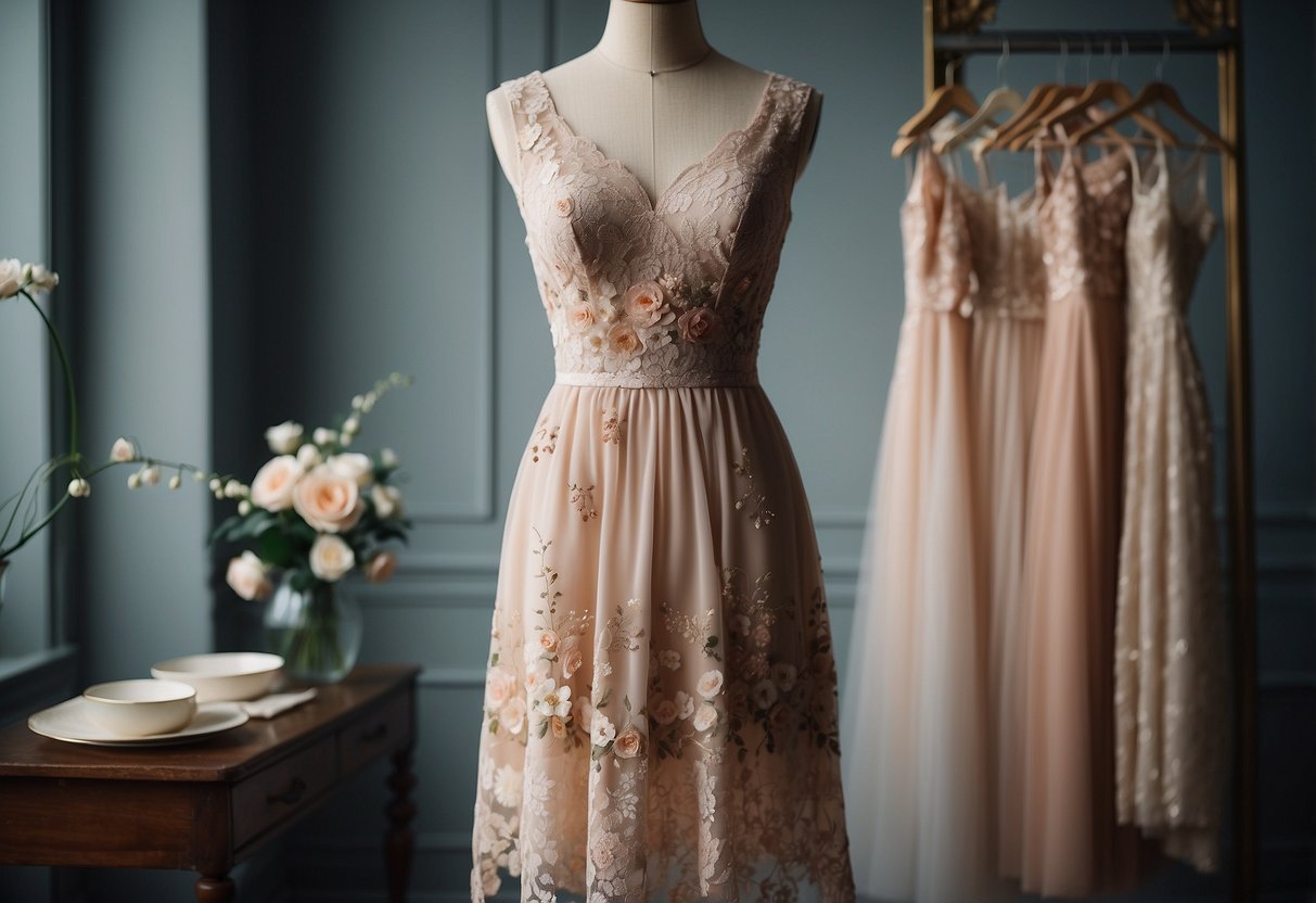 An elegant floral midi dress hangs on a hanger, surrounded by delicate lace and satin fabric. The dress features a soft color palette and intricate floral patterns, creating a romantic and sophisticated look