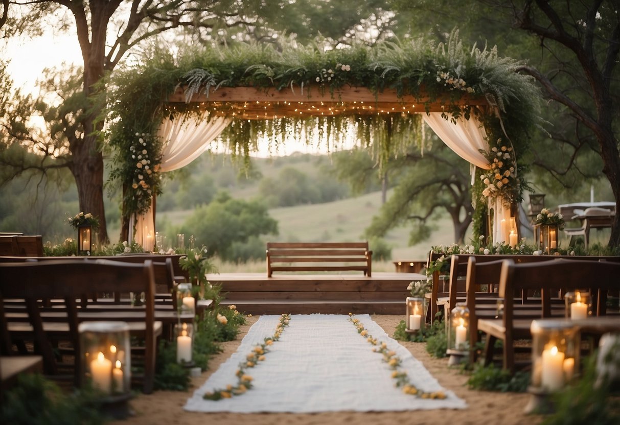 A rustic outdoor setting with string lights, wooden benches, and wildflower centerpieces. A simple arch adorned with fabric and greenery serves as the backdrop for the ceremony