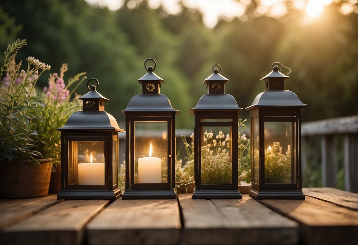 Rustic lanterns adorn wooden tables, surrounded by wildflowers and greenery. The warm glow creates a cozy atmosphere for an outdoor wedding