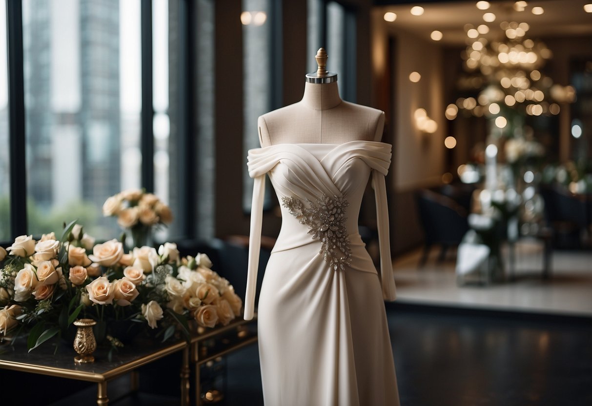 A mannequin in a chic off-shoulder gown, surrounded by elegant accessories and a pair of stylish heels