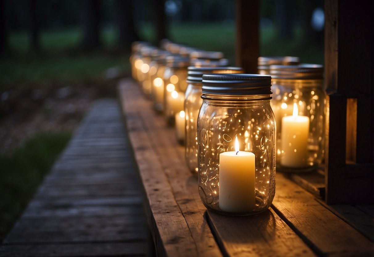 Mason jars filled with candles line a rustic outdoor wedding aisle, creating a warm and romantic atmosphere